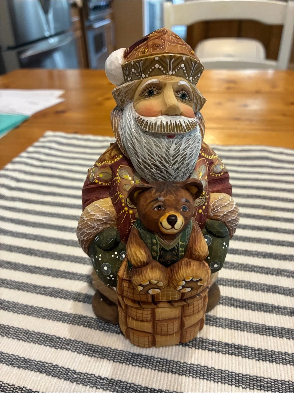 Hand-Painted Rustic Red Santa with Bear Holiday Figurine